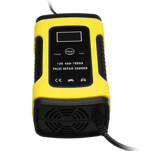 12V 6A LCD battery charger in black with compact casing and display screen