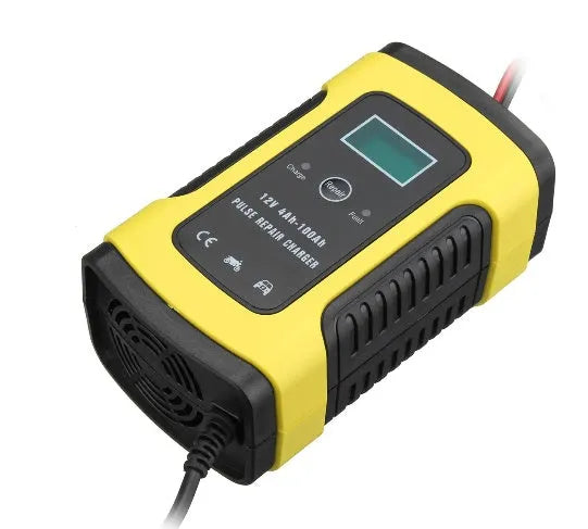 12V 6A LCD battery charger in black with compact casing and display screen