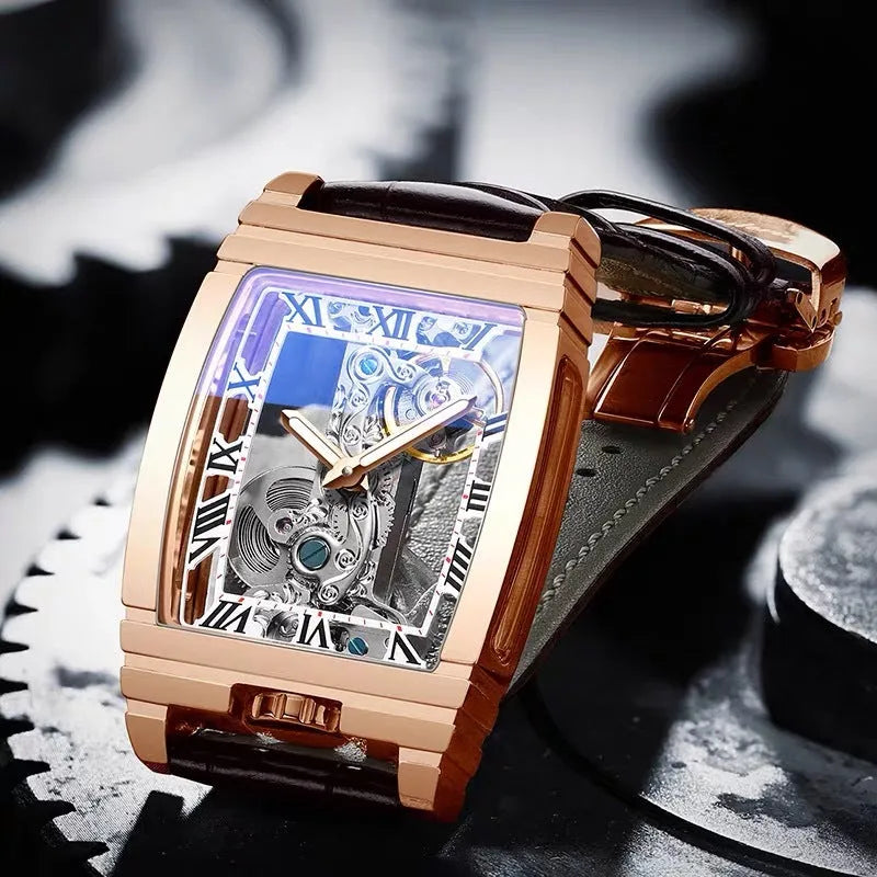 Daystar square stainless steel watch with mechanical movement on a leather strap, showing white dial and case.