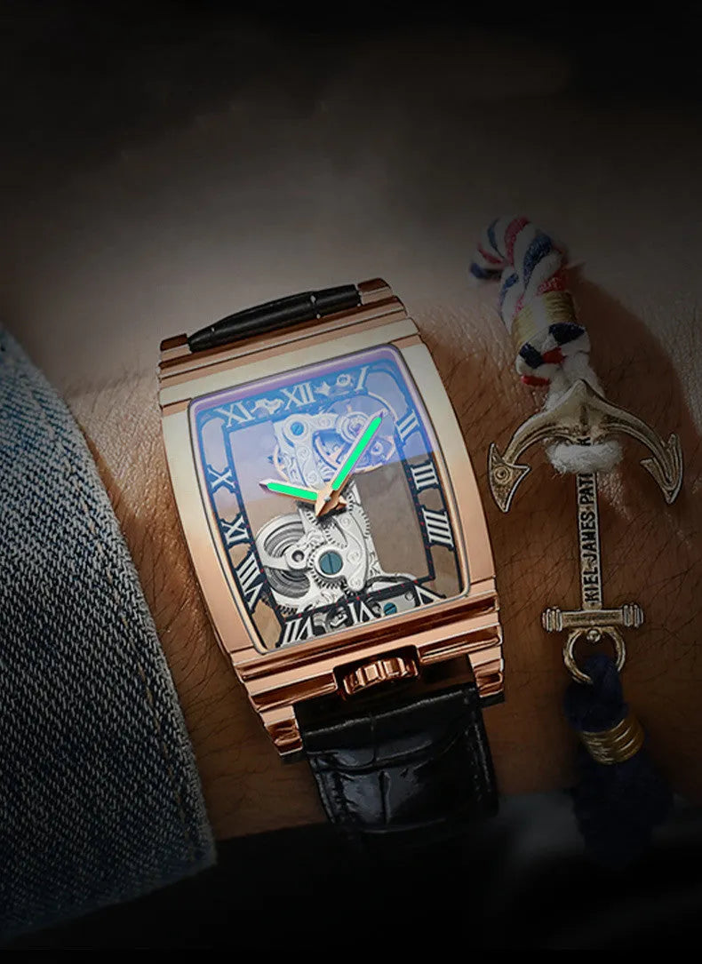 Daystar square stainless steel watch with mechanical movement on a leather strap, showing white dial and case.