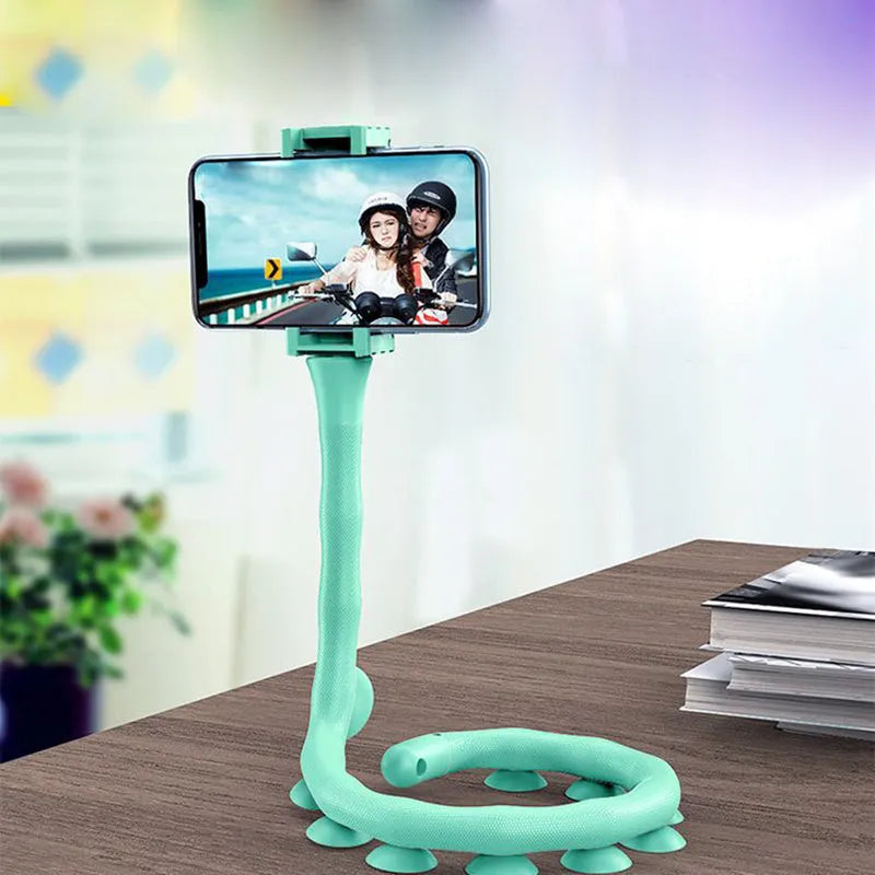 Black flexible mobile phone holder with 62cm gooseneck arm extended from suction cup base