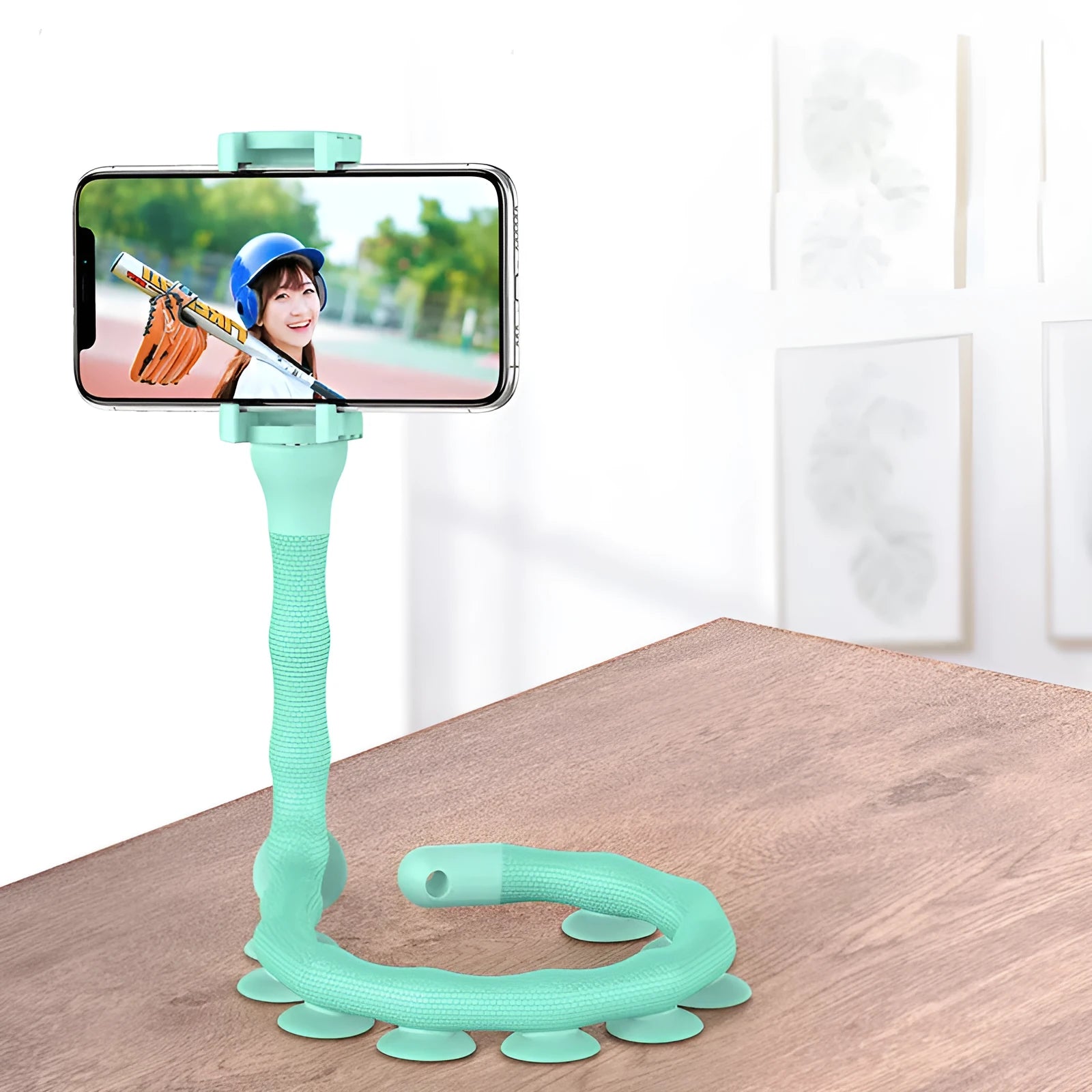 Black flexible mobile phone holder with 62cm gooseneck arm extended from suction cup base