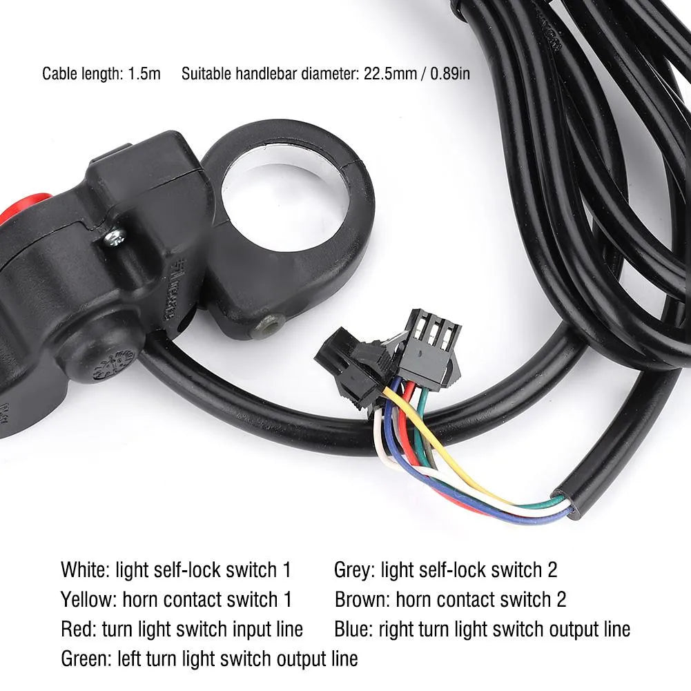Black PVC motorcycle switch modification button with colour-coded cables for 22.5mm handlebars