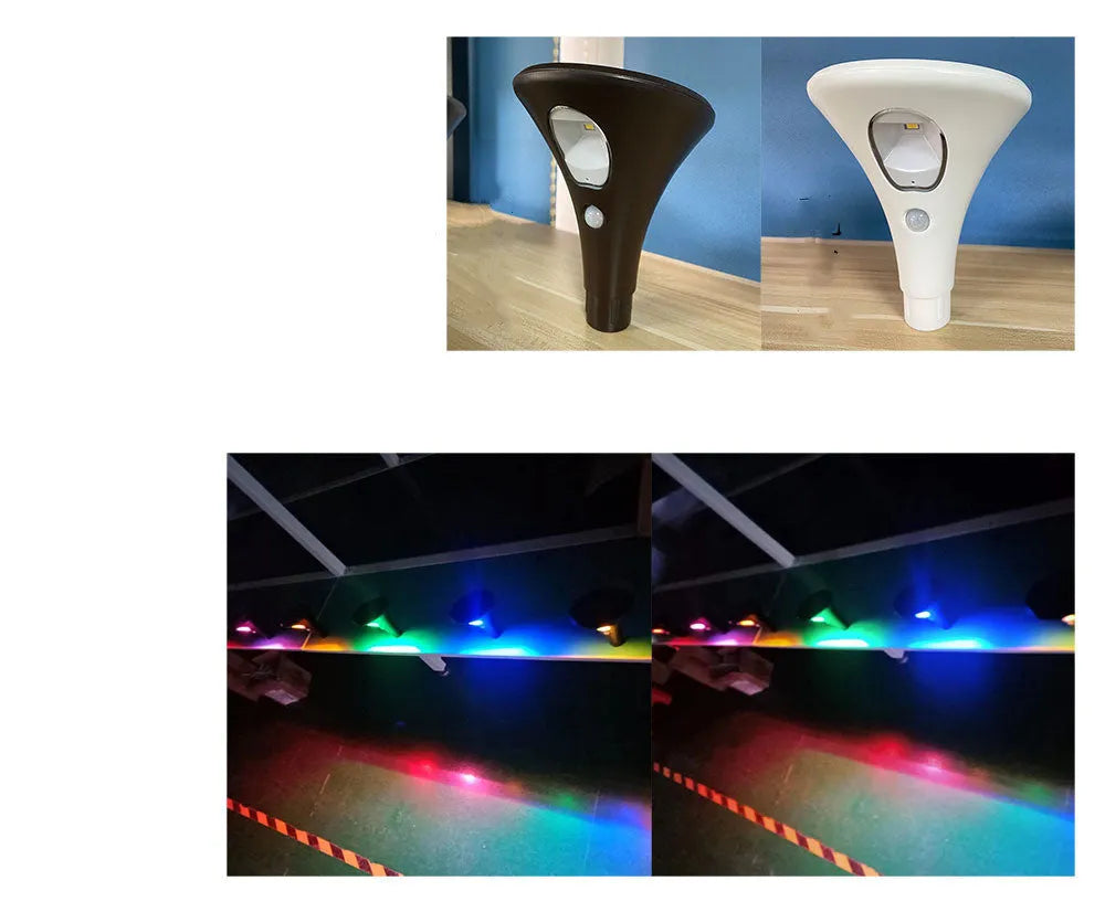 Solar-powered induction ground plug light for garden with lamp pole and connecting tubes.