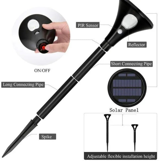 Solar-powered induction ground plug light for garden with lamp pole and connecting tubes.