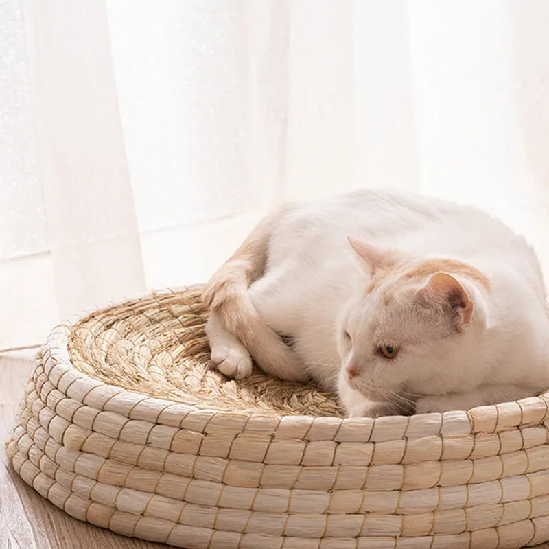 Teng Wok handwoven straw and corn husk cat bed, 35cm caliber, natural colour, for small indoor cats