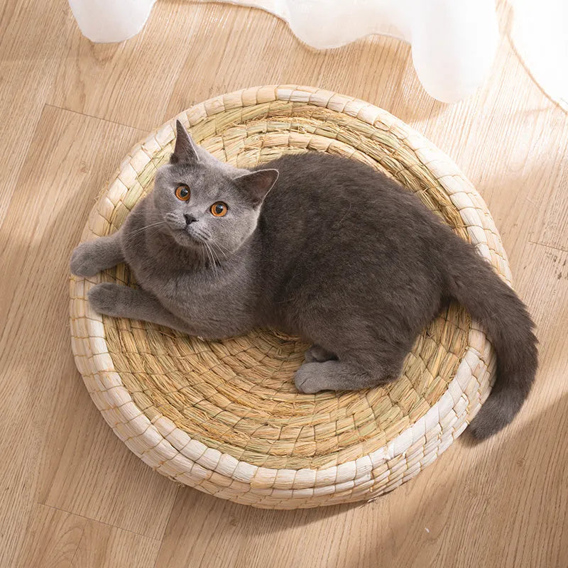 Teng Wok handwoven straw and corn husk cat bed, 35cm caliber, natural colour, for small indoor cats