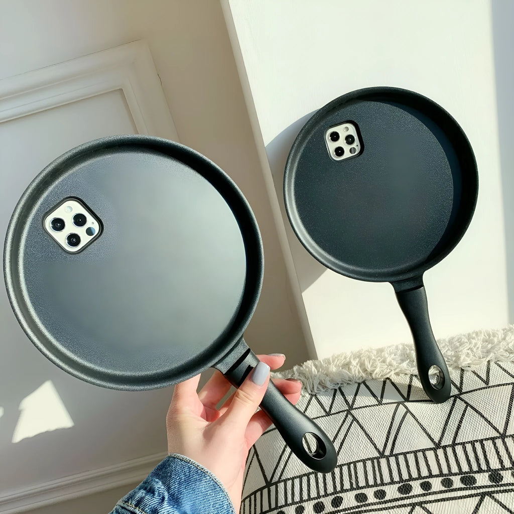3D cartoon frying pan shape TPU PC phone case for iPhone 12 Pro Max, black colour, soft back cover