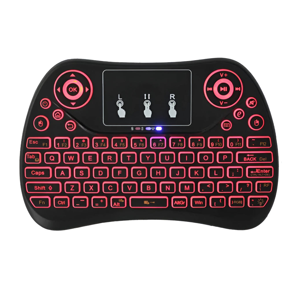 Wireless mini touch keyboard with seven-colour backlight showing compact design and English layout