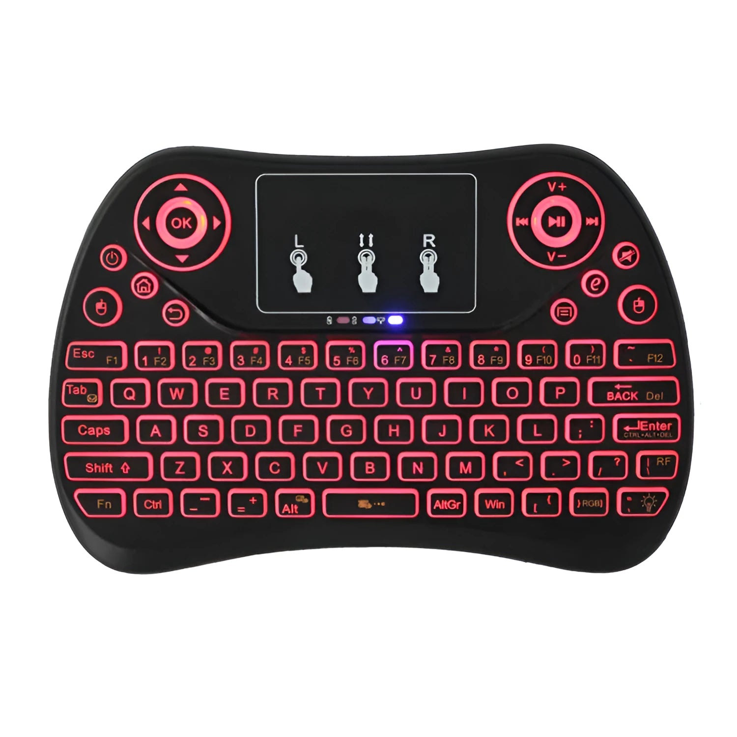 Wireless mini touch keyboard with seven-colour backlight showing compact design and English layout