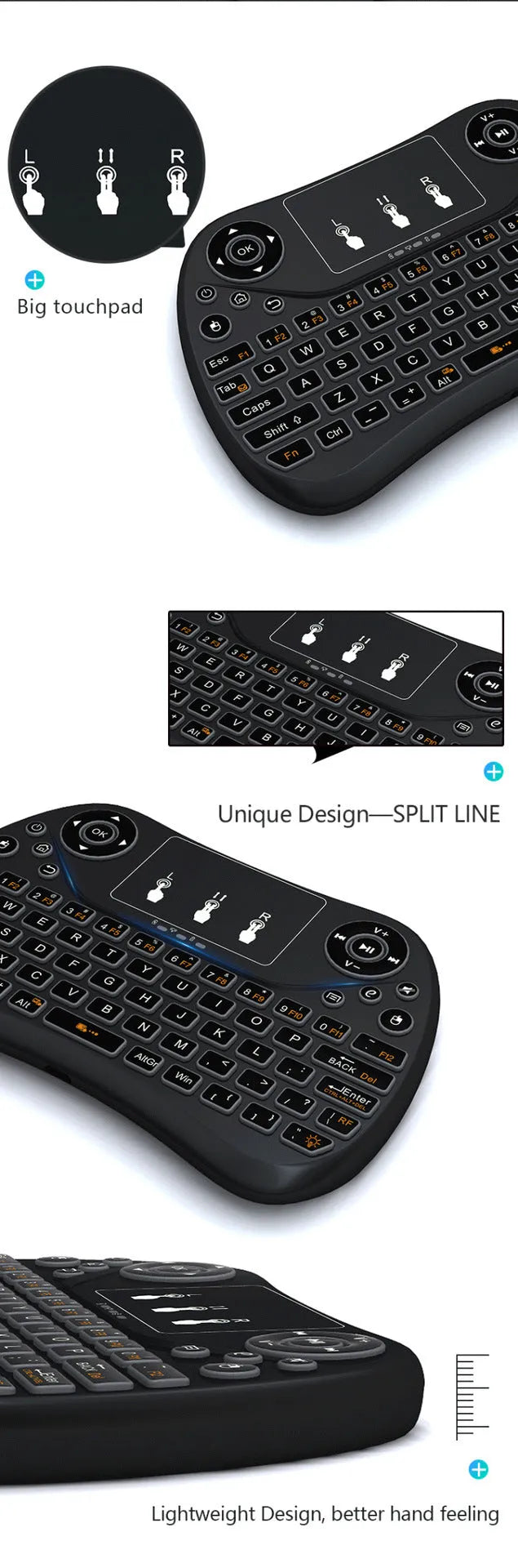 Wireless mini touch keyboard with seven-colour backlight showing compact design and English layout