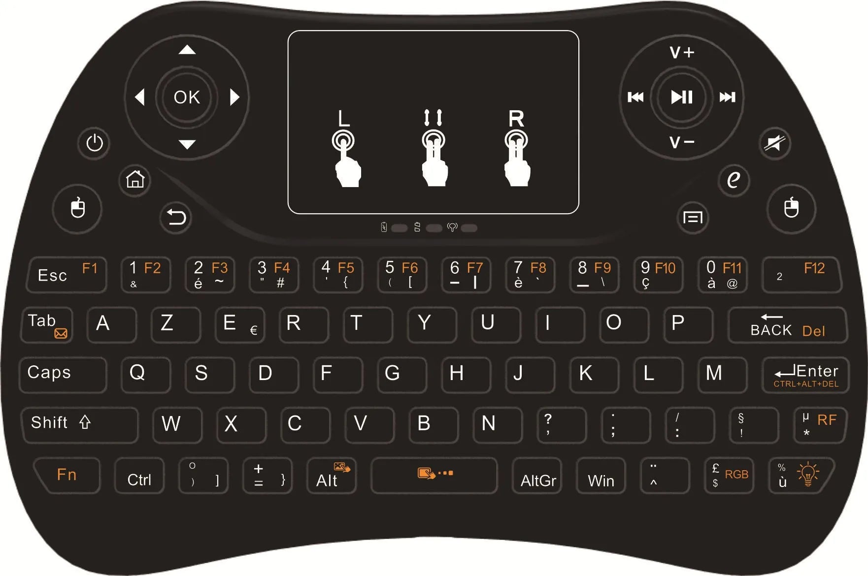 Wireless mini touch keyboard with seven-colour backlight showing compact design and English layout