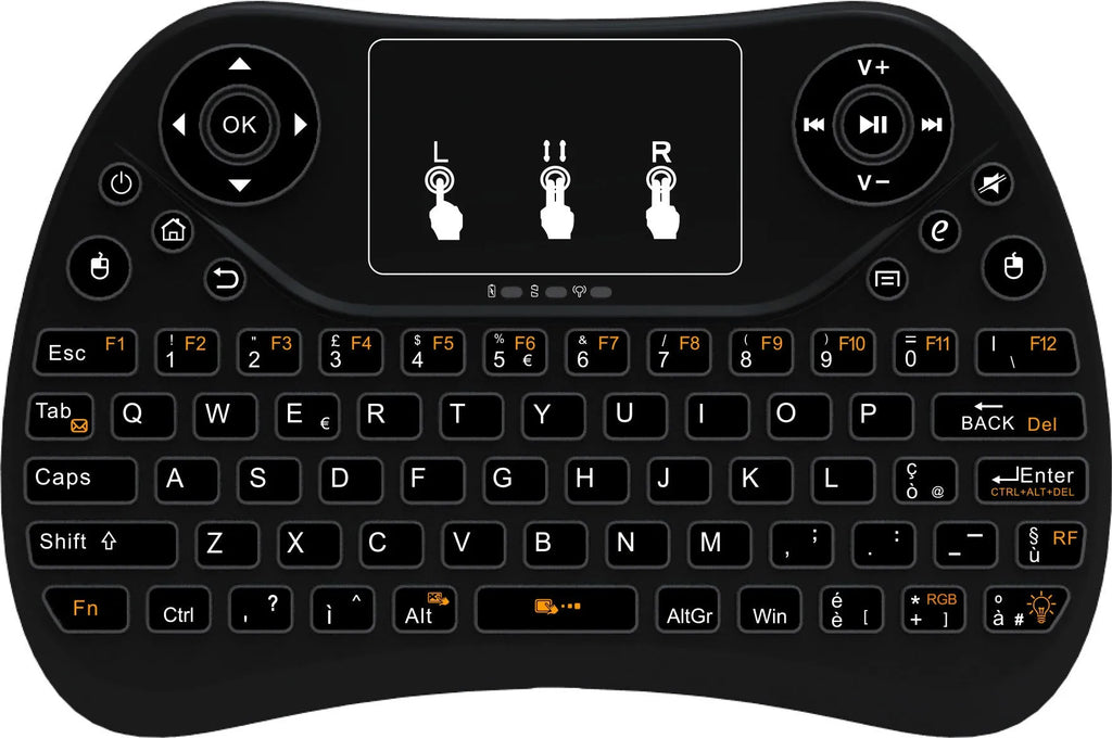 Wireless mini touch keyboard with seven-colour backlight showing compact design and English layout