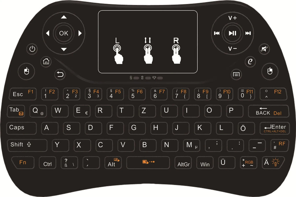 Wireless mini touch keyboard with seven-colour backlight showing compact design and English layout