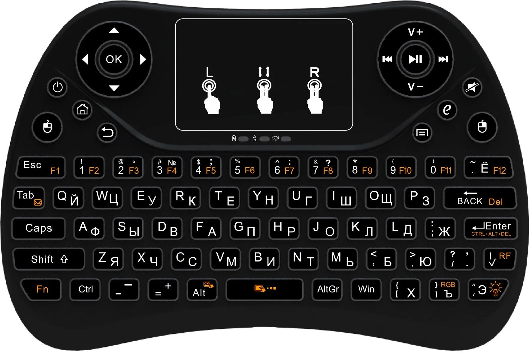 Wireless mini touch keyboard with seven-colour backlight showing compact design and English layout