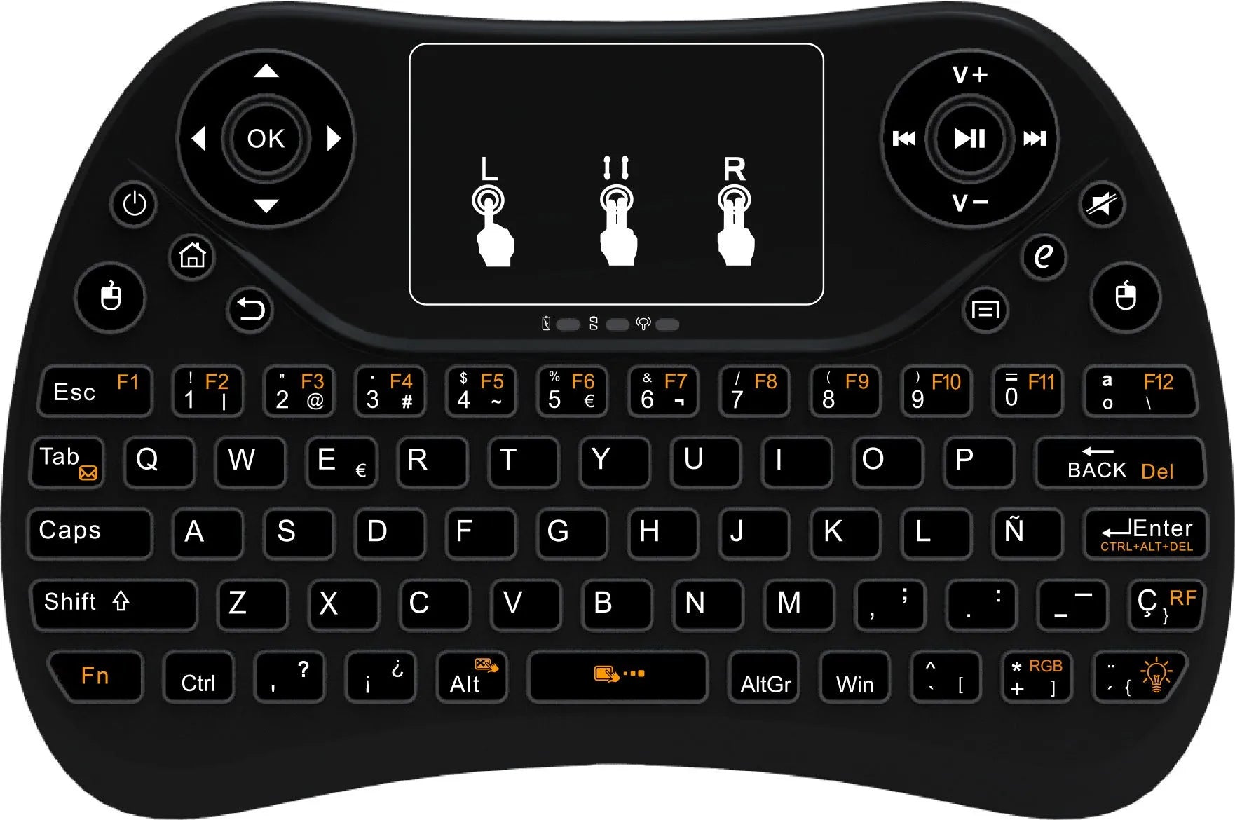 Wireless mini touch keyboard with seven-colour backlight showing compact design and English layout