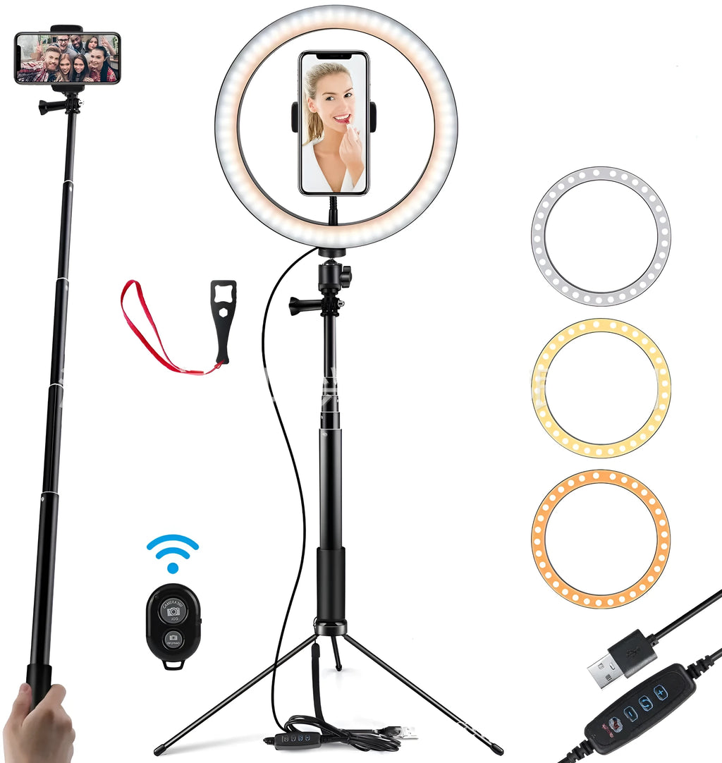 10 inch black LED ring light with tripod stand and Bluetooth remote, compatible with iPhone selfie video