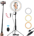 10 inch black LED ring light with tripod stand and Bluetooth remote, compatible with iPhone selfie video