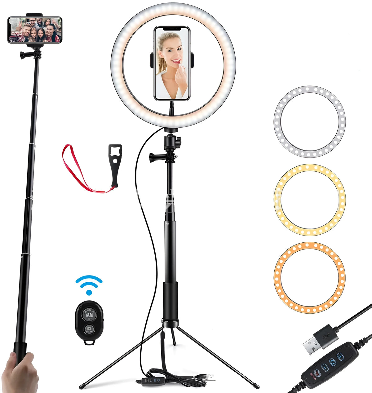 10 inch black LED ring light with tripod stand and Bluetooth remote, compatible with iPhone selfie video