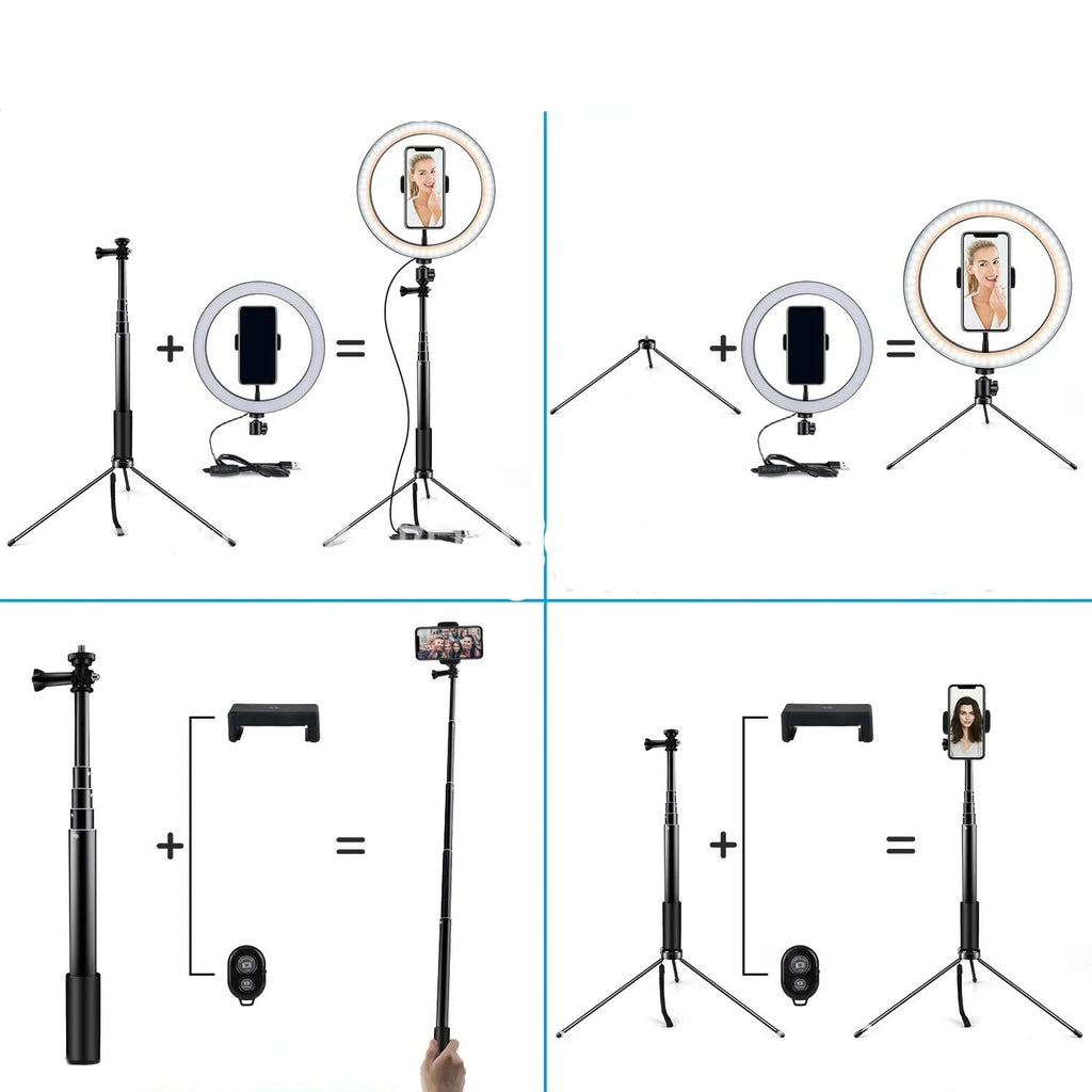 10 inch black LED ring light with tripod stand and Bluetooth remote, compatible with iPhone selfie video