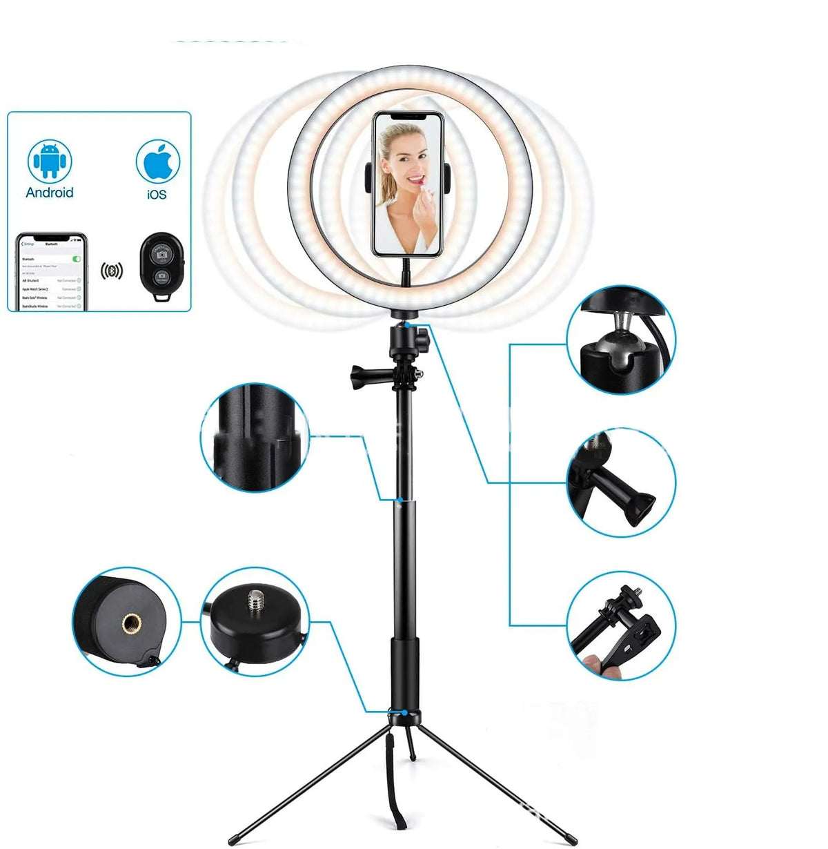 10 inch black LED ring light with tripod stand and Bluetooth remote, compatible with iPhone selfie video
