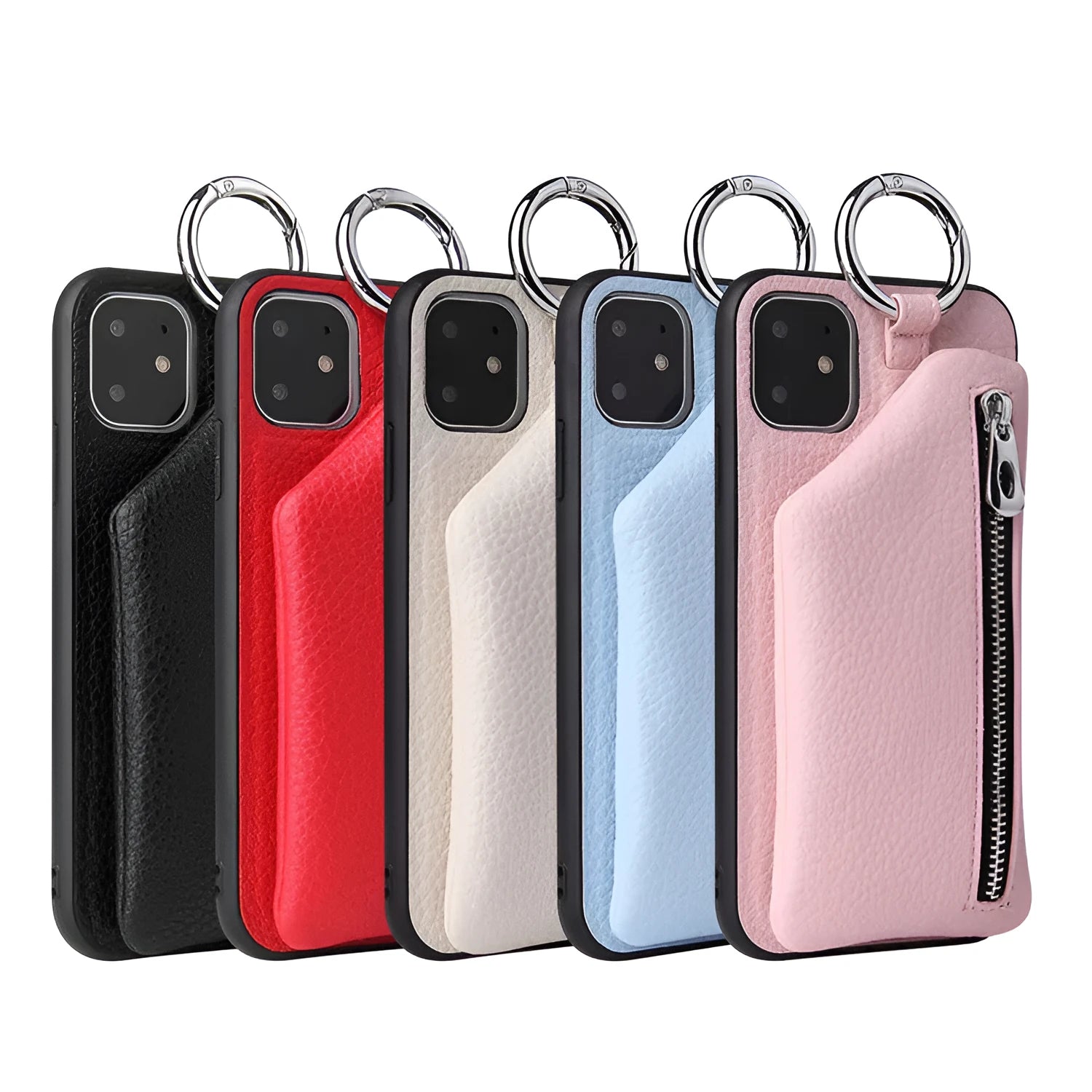 Pink imitation leather phone case with a wallet and a black crossbody lanyard attached.