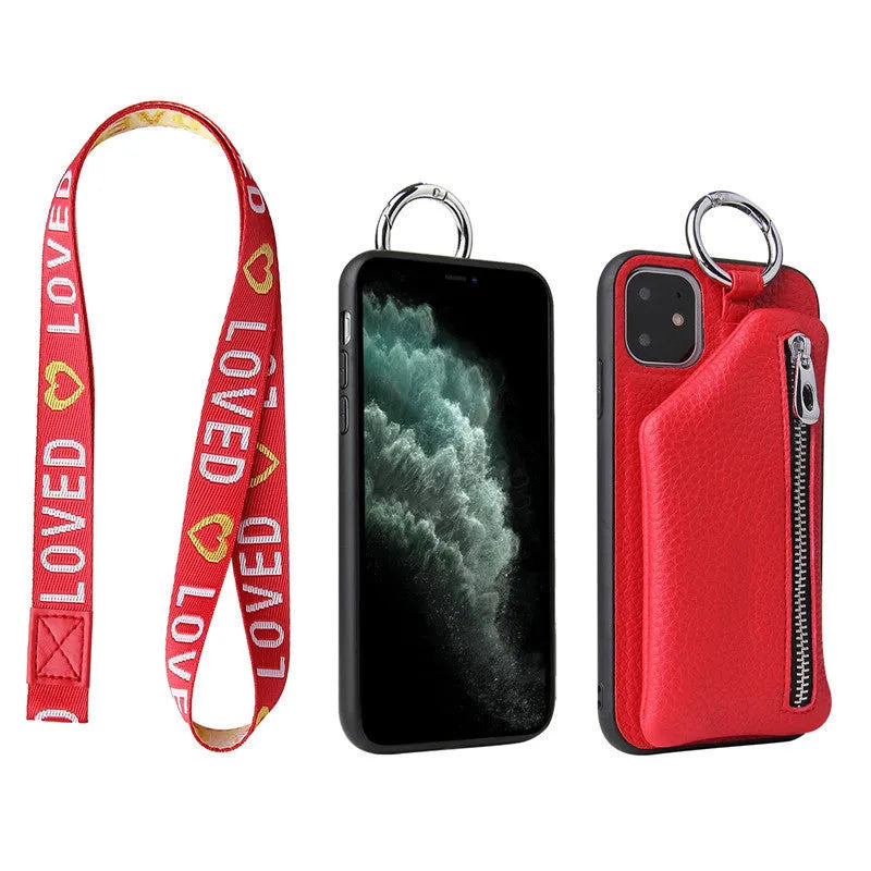 Pink imitation leather phone case with a wallet and a black crossbody lanyard attached.