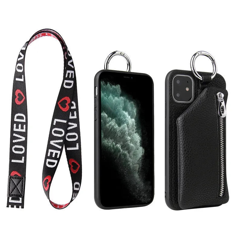 Pink imitation leather phone case with a wallet and a black crossbody lanyard attached.