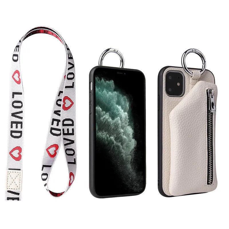 Pink imitation leather phone case with a wallet and a black crossbody lanyard attached.
