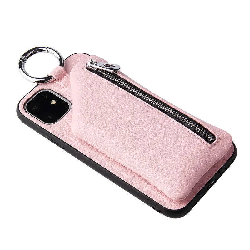 Pink imitation leather phone case with a wallet and a black crossbody lanyard attached.