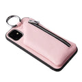 Pink imitation leather phone case with a wallet and a black crossbody lanyard attached.
