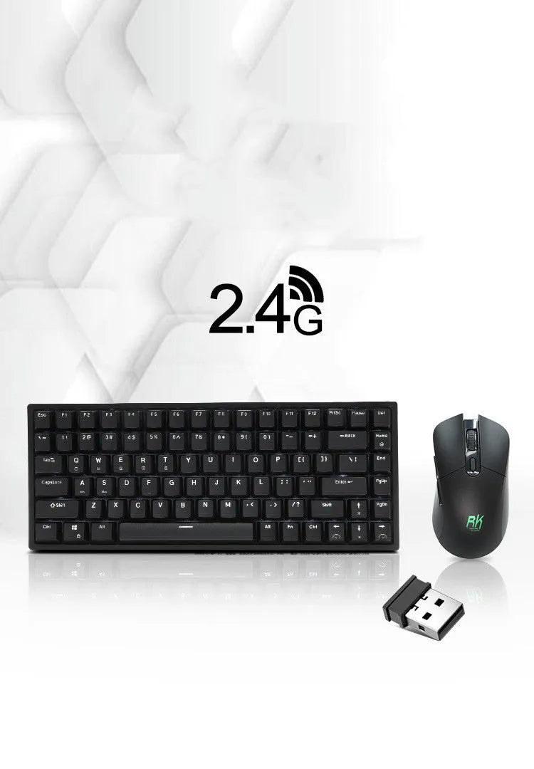 RK526 wireless mechanical keyboard and mouse set in blue, brown, or red with USB transmitter