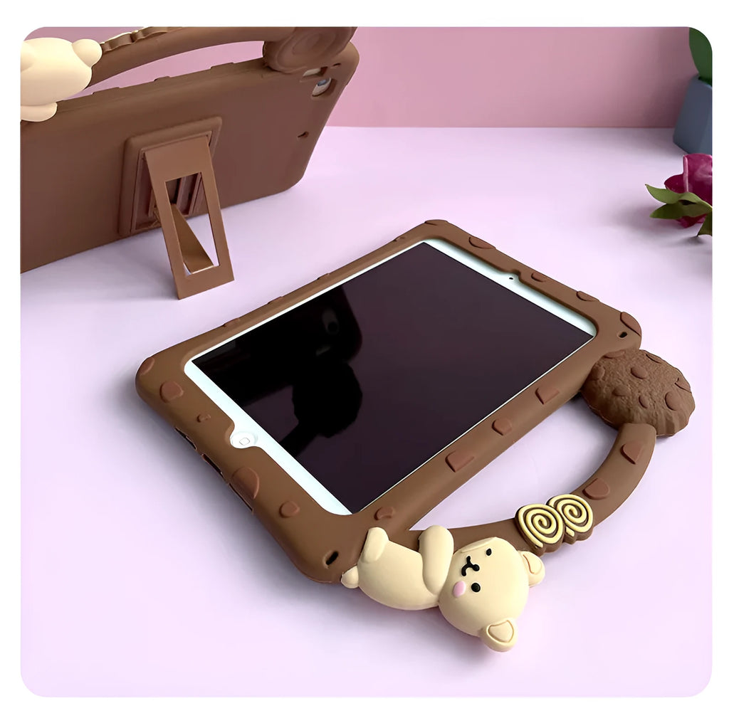 Brown cartoon-style silicone sleeve case for iPad tablets on a flat surface.