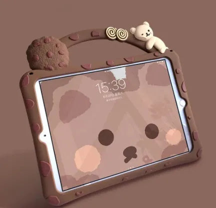 Brown cartoon-style silicone sleeve case for iPad tablets on a flat surface.