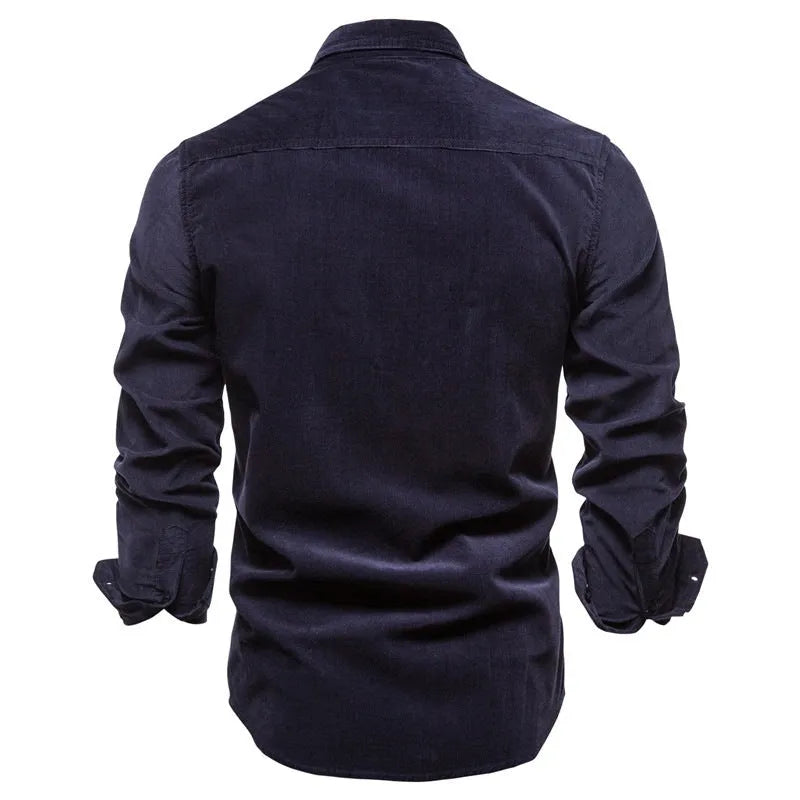 Men's linen long sleeve shirt shown in multiple colour options including denim blue, army green and red