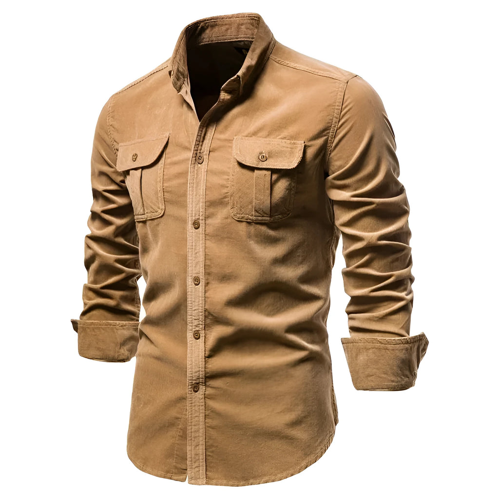 Men's linen long sleeve shirt shown in multiple colour options including denim blue, army green and red