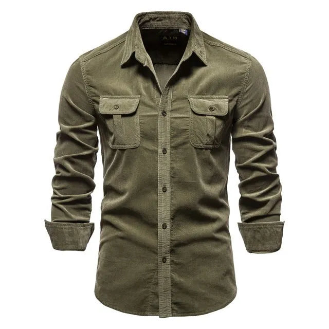 Men's linen long sleeve shirt shown in multiple colour options including denim blue, army green and red