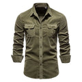 Men's linen long sleeve shirt shown in multiple colour options including denim blue, army green and red