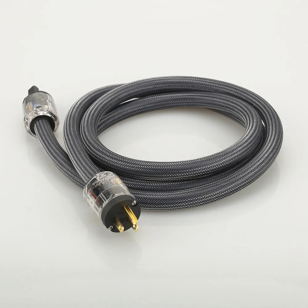 Hi-Fi audio power cord with pure copper conductors showing EU and US plug options