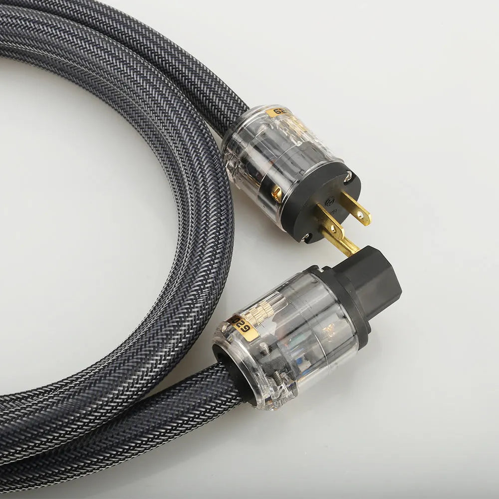 Hi-Fi audio power cord with pure copper conductors showing EU and US plug options