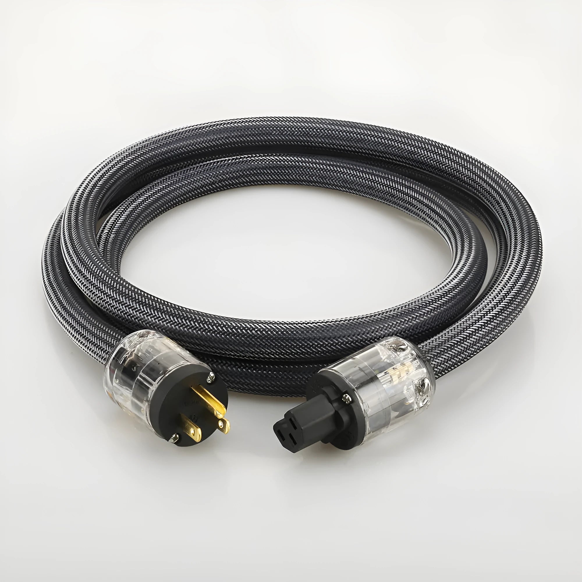 Hi-Fi audio power cord with pure copper conductors showing EU and US plug options