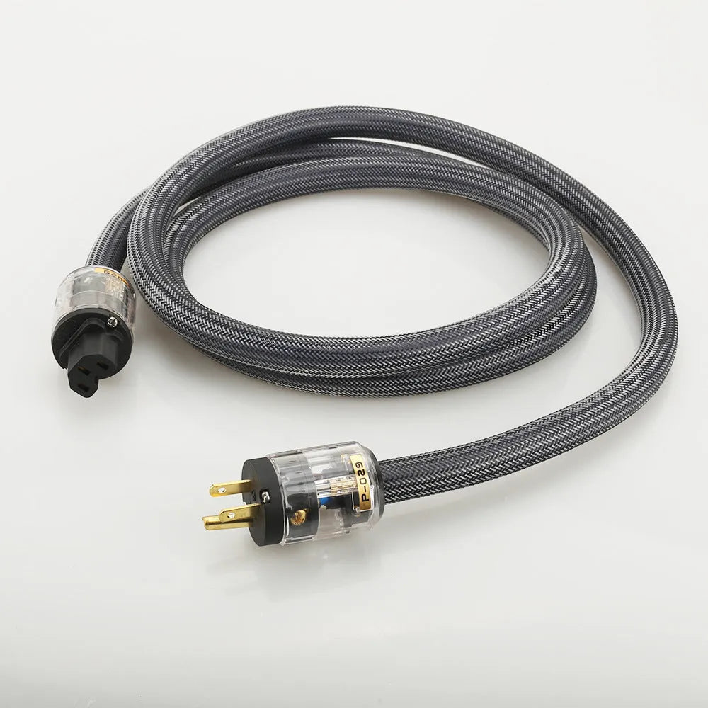 Hi-Fi audio power cord with pure copper conductors showing EU and US plug options