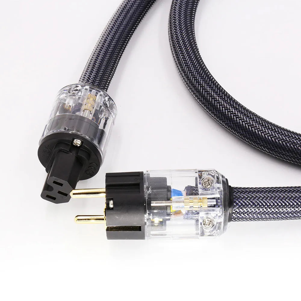 Hi-Fi audio power cord with pure copper conductors showing EU and US plug options