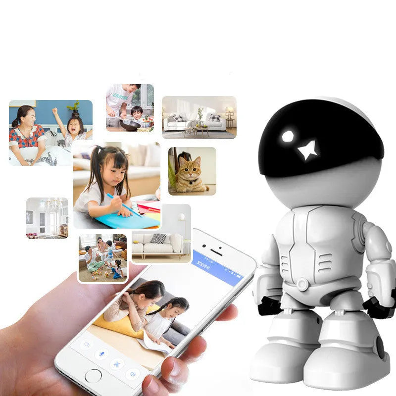 Silver network camera robot with wide angle lens and infrared LEDs for night surveillance