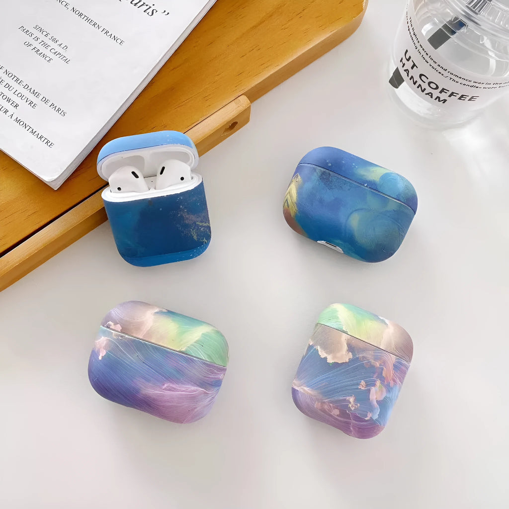 Hard plastic protective sleeve for AirPods Pro case in a blue watercolour design.