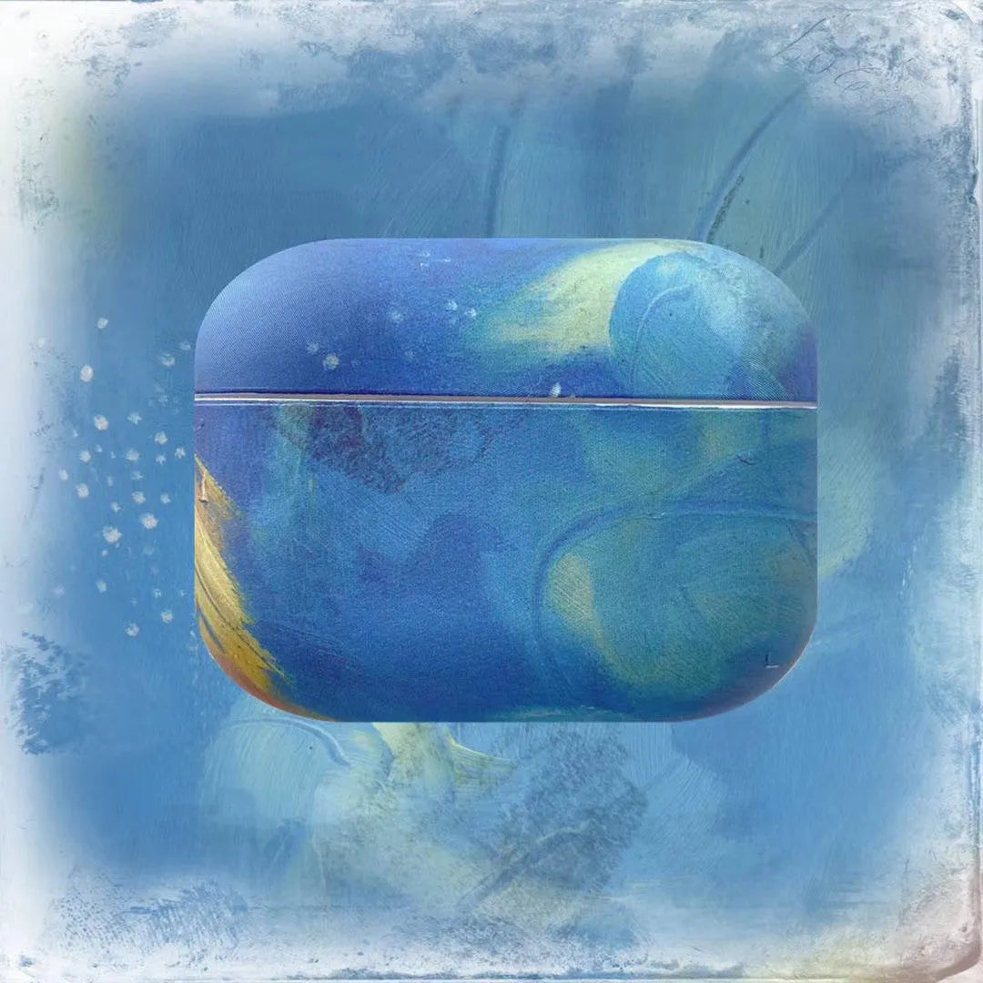 Hard plastic protective sleeve for AirPods Pro case in a blue watercolour design.