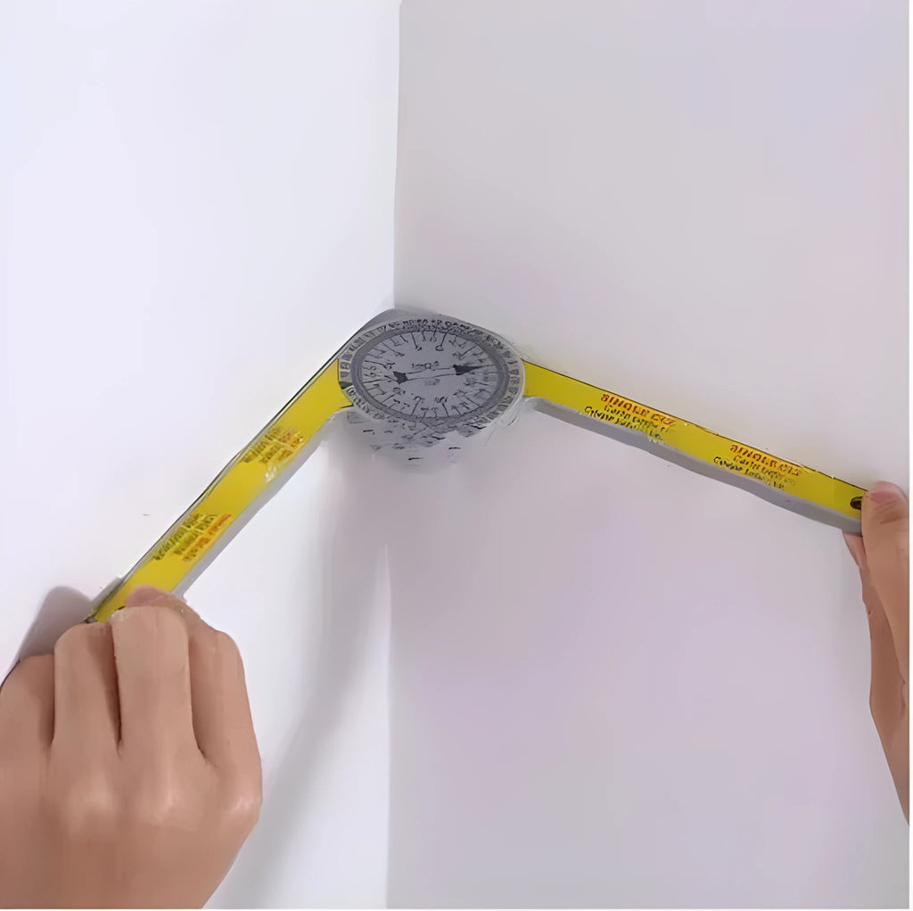 Yellow and white cross-border horizontal angle ruler tool with laser engraved scales on hardened plastic.