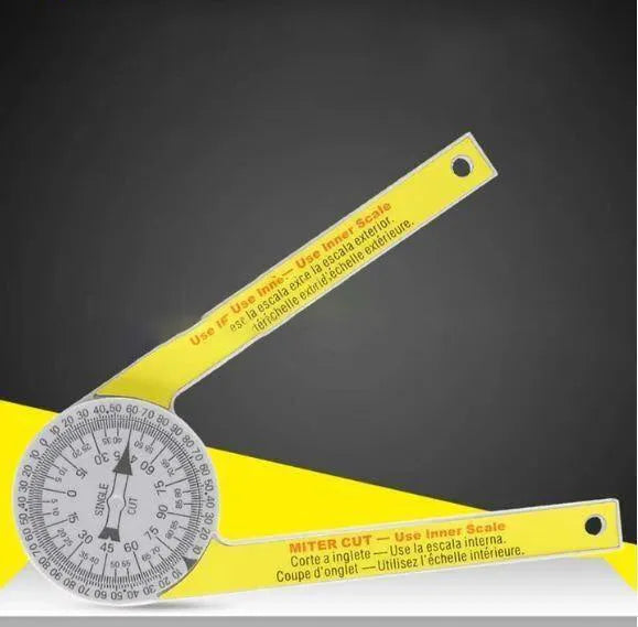 Yellow and white cross-border horizontal angle ruler tool with laser engraved scales on hardened plastic.