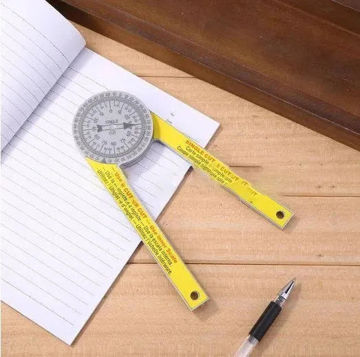 Yellow and white cross-border horizontal angle ruler tool with laser engraved scales on hardened plastic.