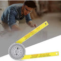 Yellow and white cross-border horizontal angle ruler tool with laser engraved scales on hardened plastic.